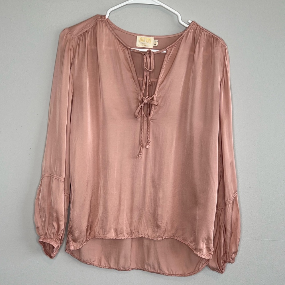 Nation LTD Pink Tie Neck Sateen Long Sleeve Blouse Balloon Sleeve Small Satin